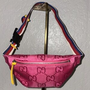 GUCCI SYLVIE SIGNATURE PINK GG FANNY PACK BELT BAG GIRLS WEB STRIPE WAIST STRAP